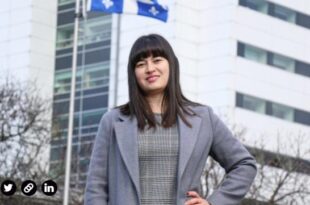 Johana Botero, y al fondo se aprecia el Hospital San Jacinto de la ciudad de Quebec. (Foto: Enfermeras Canadá)